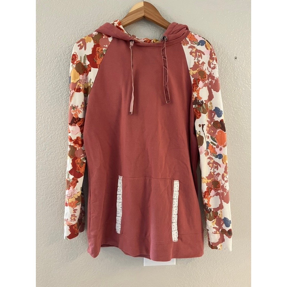 Evy's Tree The Rachel Floral Raglan Hoodie Rose Pink‎ Lace Trim Pullover XL